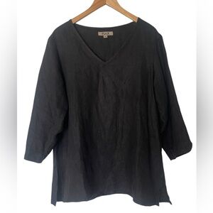 FLAX | Relaxed 3/4 Sleeve V Neck Black Linen Tunic Top Lagenlook Contemporary